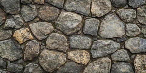 Obraz premium Granite cobblestones of various shades of gray and brown arranged irregularly in a textured stone wall creating a rustic and timeless appearance.