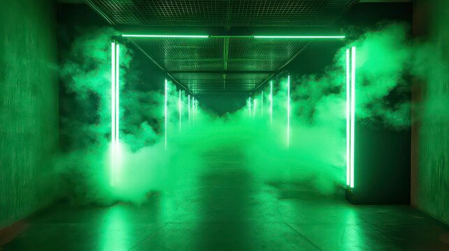 Futuristic green neon hallway with smoke effect.