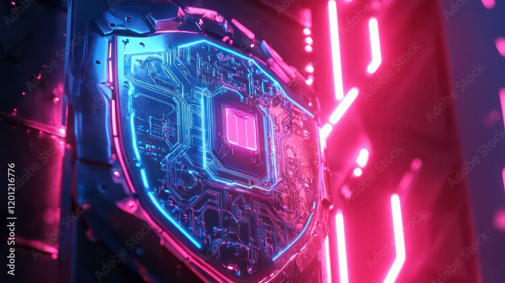 Aufkleber futuristic shield with glowing circuit board and neon lights.