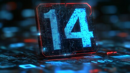 Glowing Digital Number Fourteen On Futuristic Circuit Board Background, Technology Concept
