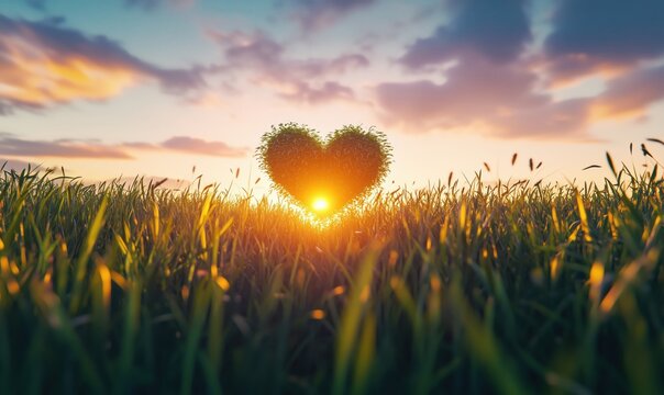 Heart-shaped bush silhouette against sunset in grassy field, symbolizing love and nature's beauty