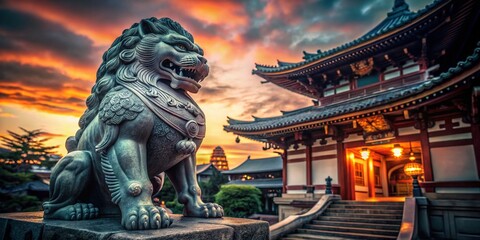 Fototapeta premium Low Light Japanese Temple Lion Gate Sculpture Stock Photo