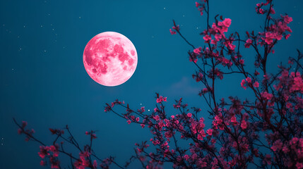 Pink Moon Rising Over Blossoming Cherry Tree Branches