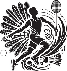 Black Color Badminton Silhouette Vector Illustration, Solid White Background