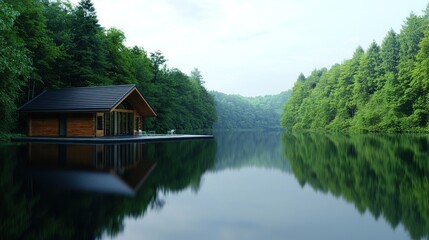 Obraz premium Serene lakeside cabin surrounded by lush greenery and calm waters.