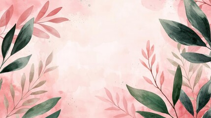 Fototapeta premium Glazed watercolor idea. A beautiful watercolor floral background with leaves and soft pink hues.