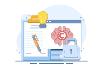 Intellectual property concept. Copyright. Small authors protect legal information ideas with trademarks. Screen templates for landing pages, templates, interfaces, web, mobile apps, posters, banners