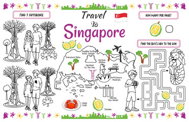 A fun placemat for kids. Printable “Travel to Singapore” activity sheet with a labyrinth and find the differences. 17x11 inch printable vector file