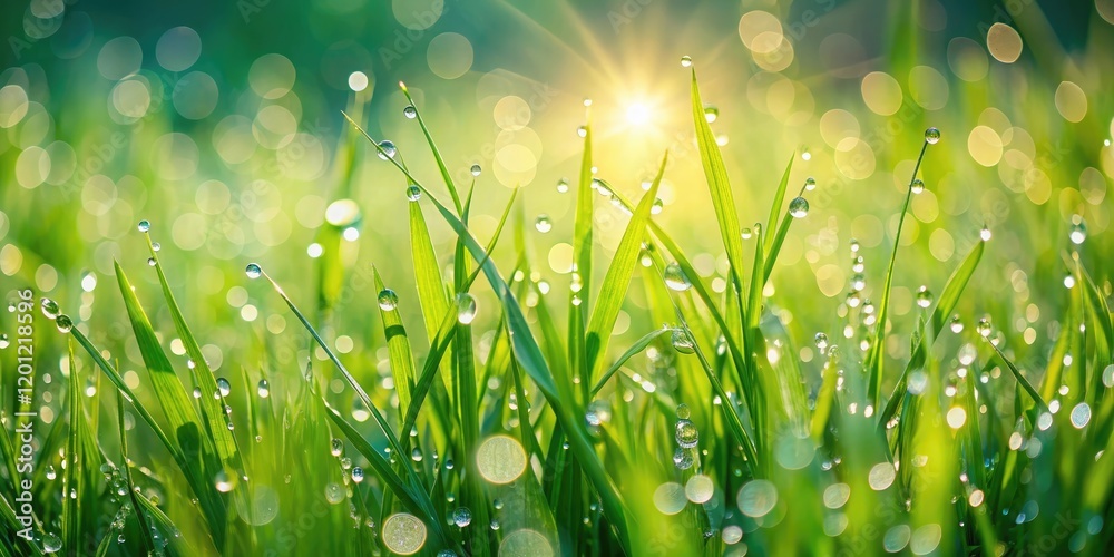 Poster Fresh green grass with morning dew in nature softly sparkles in the rays of the early spring sun.