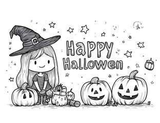 Fototapeta premium Happy Halloween Witch Girl With Pumpkins And Candy