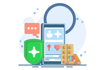 telemedicine concept or online health consultation and examination. illustration of a doctor with a mobile health application on a smartphone. technology and services. flat style design illustration