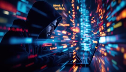 Male hacker in dark room surrounded by digital code