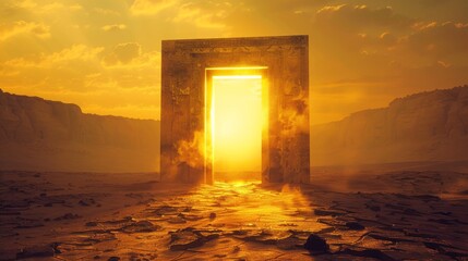 a high-definition image of an intricately carved stone door in the middle of a vast empty desert