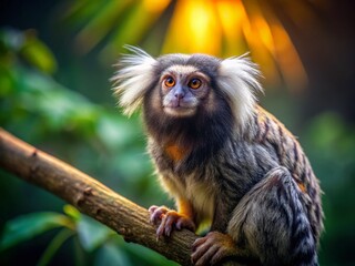 Naklejka premium Low Light Portrait: Common Marmoset Monkey on Branch