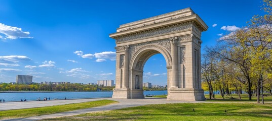 Fototapeta premium Triumphal Arch, Pyongyang, North Korea A Monumental Landmark under a Clear Blue Sky