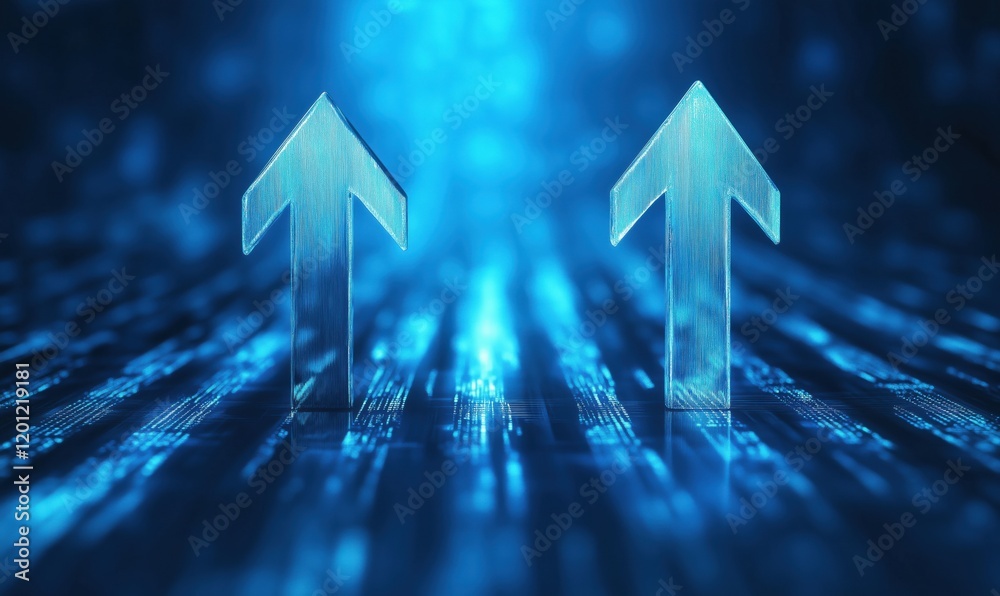 Poster upward arrows symbolizing growth and progress in digital environment with blue light and data patter