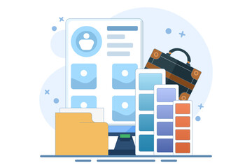 Portfolio concept. Briefcase with work gallery and file collection. Presentation artist folder preview. Screen template for landing page, user interface, web, app, poster, banner. Flat vector illustra