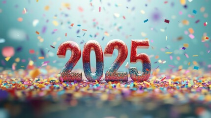 Glittery 2025 New Year's celebration with confetti.
