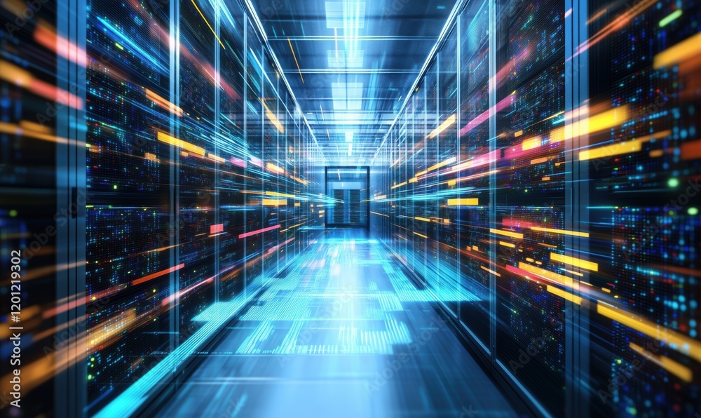 Poster data center corridor with illuminated servers and high-speed data flow visualization