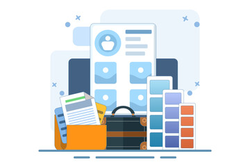 Portfolio concept. Briefcase with work gallery and file collection. Presentation artist folder preview. Screen template for landing page, user interface, web, app, poster, banner. Flat vector illustra