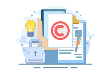 Intellectual property concept. Copyright. Small authors protect legal information ideas with trademarks. Screen templates for landing pages, templates, interfaces, web, mobile apps, posters, banners