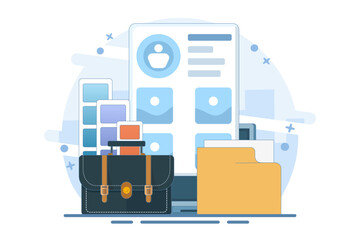 Portfolio concept. Briefcase with work gallery and file collection. Presentation artist folder preview. Screen template for landing page, user interface, web, app, poster, banner. Flat vector illustra
