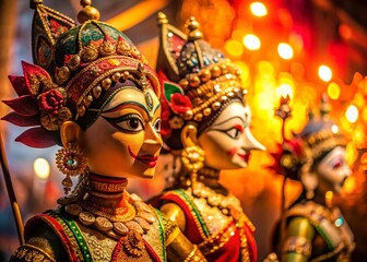 Low Light Wayang Golek Puppet Show, Selective Focus, Indonesian Shadow Puppet, Javanese Culture, Sundanese Art