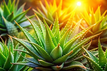 Obraz premium Lush Aloe Vera Plants: Vibrant Green Spiky Leaves with Bokeh Background