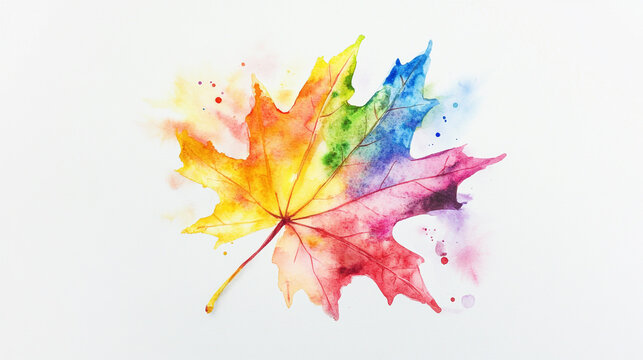 Colorful watercolor drawing of a maple leaf showcasing vibrant hues and artistic expression