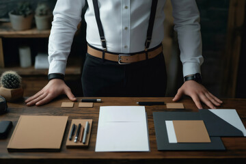 Businessman standing behind a wooden desk with a mockup of corporate identity stationery, including blank letterhead and business cards