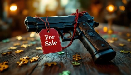 Handgun with for sale tag on rustic table with dollar signs