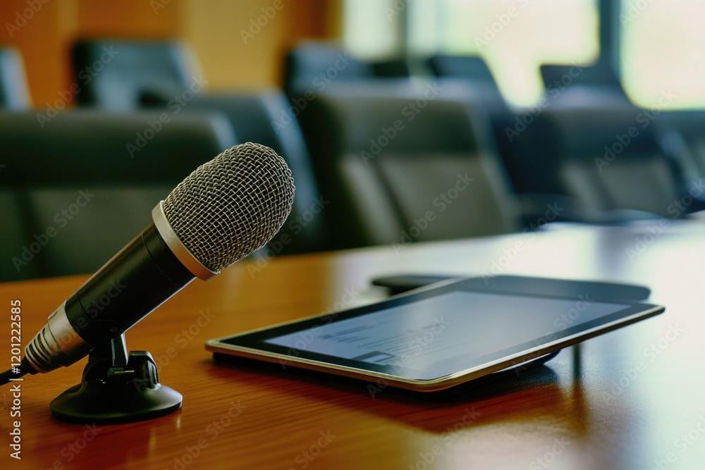 Poster a close-up shot of a microphone placed next to a tablet computer, ideal for recording or presentatio