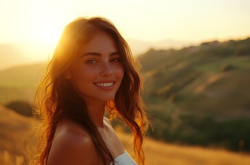 Fototapeta premium Smiling Young Woman in Golden Hour Light with Scenic Countryside Background – Perfect for Nature and Lifestyle Themes