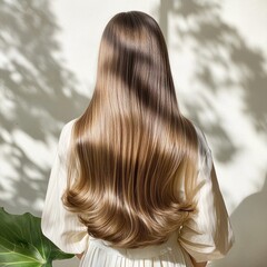Silky smooth straight hair cascading in soft light