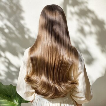 Silky smooth straight hair cascading in soft light