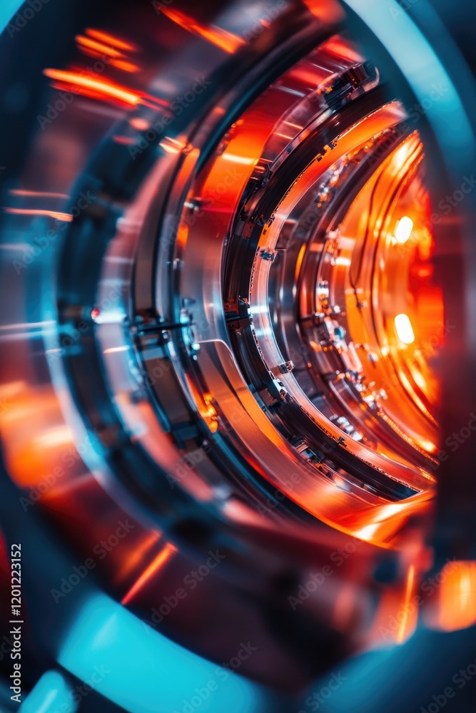 Poster a detailed view of a metallic surface lit by vibrant orange lights, suitable for use in technology o
