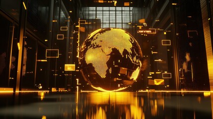 Golden globe in futuristic server room with glowing data streams.