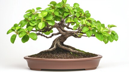 Elegant Bonsai Tree with Lush Green Leaves in a Brown Pot