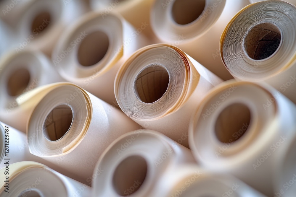 Aufkleber a stack of paper rolls piled high, ready for use or storage