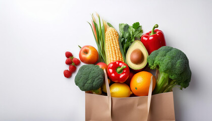 healthy vegetables and fruits on white background