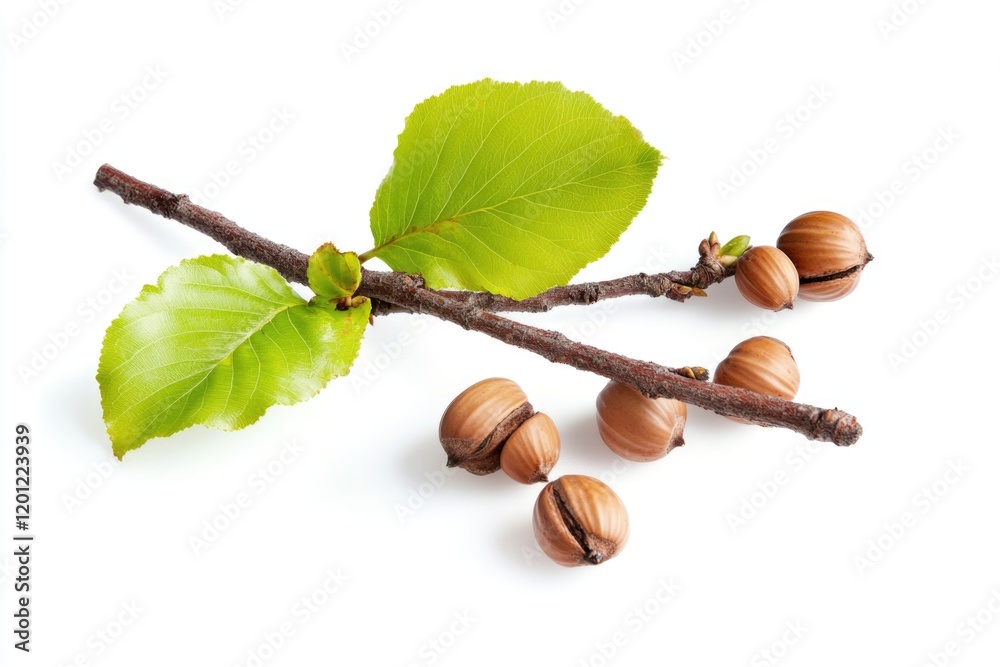 Aufkleber a tree branch with nuts and a single leaf attached, perfect for use in nature-related or outdoor-the