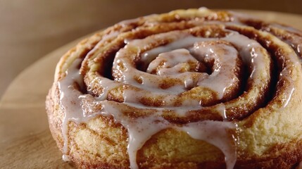 A close-up shot of a warm and fluffy cinnamon roll on a plate