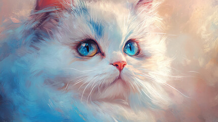 a painting of a white cat with blue eyes