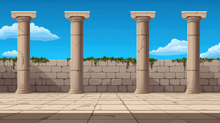 Fototapeta premium Ancient Greek Temple Courtyard with Iconic Columns and Blue Sky Background