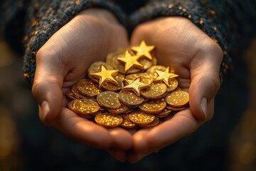 A person holding a pile of gold coins, useful for financial or economic themed illustrations