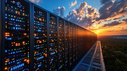 Data Center Servers at Sunset with Glowing Lights and a Beautiful Sky view and city view background