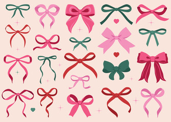 Simple hand drawn pink ribbon bow collection. Bowknot for decoration, big set of bowtie. Large retro ribbon illustration set. Set of various cartoon bow knots, gift ribbons. Valentines day, love sign