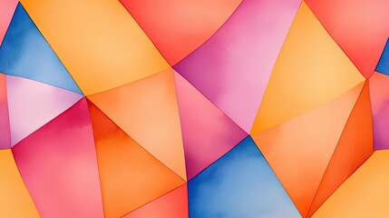 Fototapeta premium Polygon watercolor concept. A vibrant abstract watercolor pattern featuring triangles in orange, pink, and blue shades.