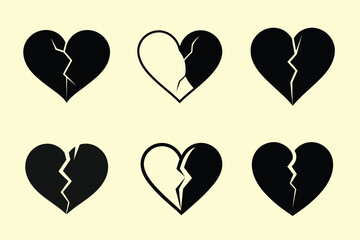 broken heart vector set with silhouettes and line art in multiple styles. Ideal for emotional themes, greeting cards, and creative design projects