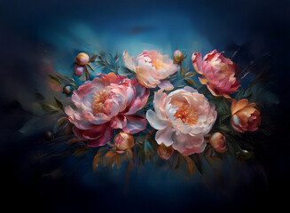 Fototapeta premium A vibrant bouquet of pink and white peonies, artfully arranged against a deep blue, textured background. The soft lighting enhances the delicate petals and lush foliage.